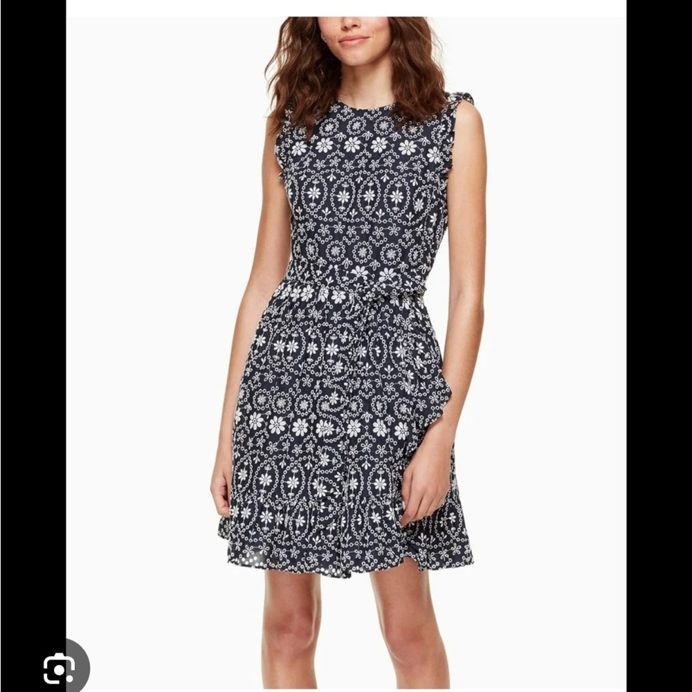 Kate Spade Navy/white Embroidered Eyelet‎ ruffled Mini Dress- size 0